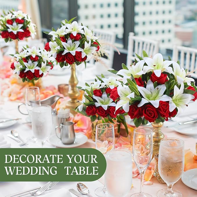 Hotop 20 Pcs Artificial Flowers Velvet Realistic Roses and Latex Lilies Flowers Bouquet Decorations Arrangements for Home Table Centerpieces Independence Day(White, Red)