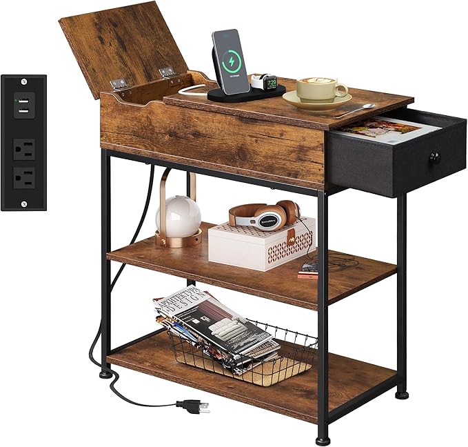 WLIVE Narrow Side Table with Charging Station, Couch Side Table for Living Room, Narrow End Table for Bedroom with Fabric Drawer, USB Ports and Power Outlets, Samll Nightstand Tables, Rustic Brown