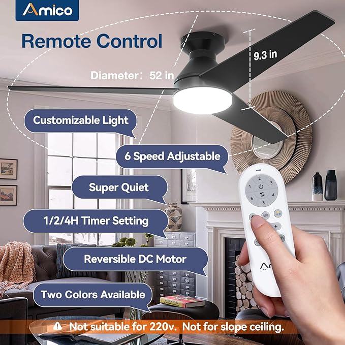 Amico Ceiling Fans with Lights, 52 inch Low Profile Ceiling fan with Light and Remote Control, Flush Mount, Reversible, 3CCT, Dimmable, Noiseless, Black Ceiling Fan for Bedroom, Indoor/Outdoor Use