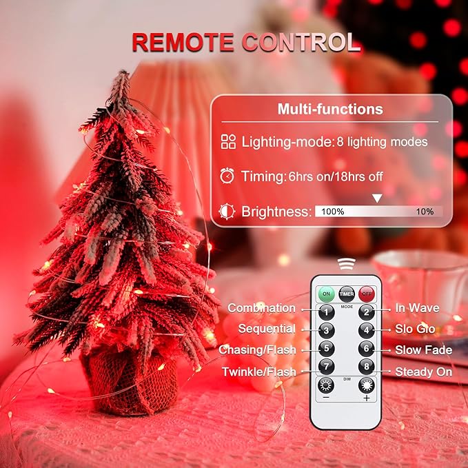 JMEXSUSS 2 Pack Red Fairy Lights Battery Operated, Total 400 LED 132ft Christmas Lights with Remote, 8 Modes Twinkle String Lights for Bedroom Wreath Tree Valentine Halloween Xmas Decorations