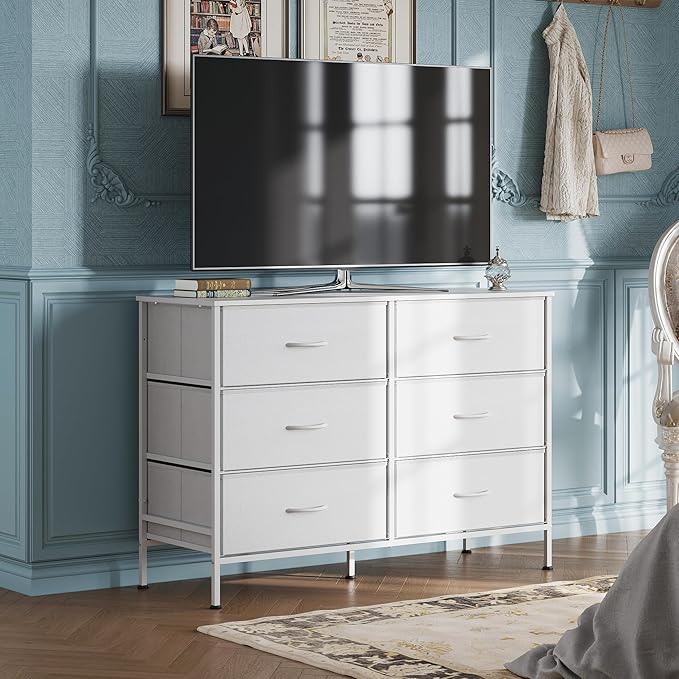 WLIVE Wide Dresser with 6 Drawers, TV Stand for 50" TV, Entertainment Center with Metal Frame, Wooden Top, Fabric Storage Dresser for Bedroom, Hallway, Entryway, White