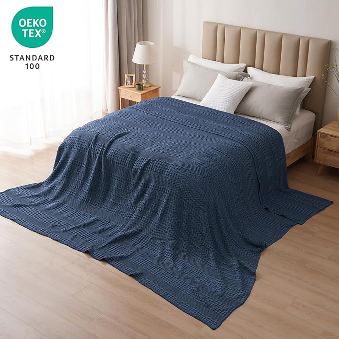 PHF 100% Cotton Waffle Blanket Oversized King 120"x120", Lightweight Breathable Extra Large 10'x10' Blankets for Bed, Giant Big Luxury Aesthetic Woven Bedding for Home Decor, Blue Sapphire