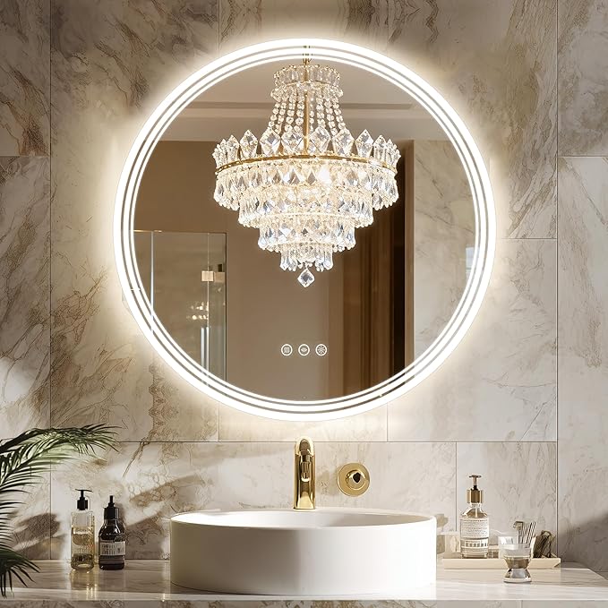 30''x30'' Lighted Mirrors for Bathroom Wall Backlit + Front Lit, Round LED Bathroom Mirror Frameless with Lights Anti Fog, Dimmable, 3 Colors,Tempered Glass, Shatter-Proof