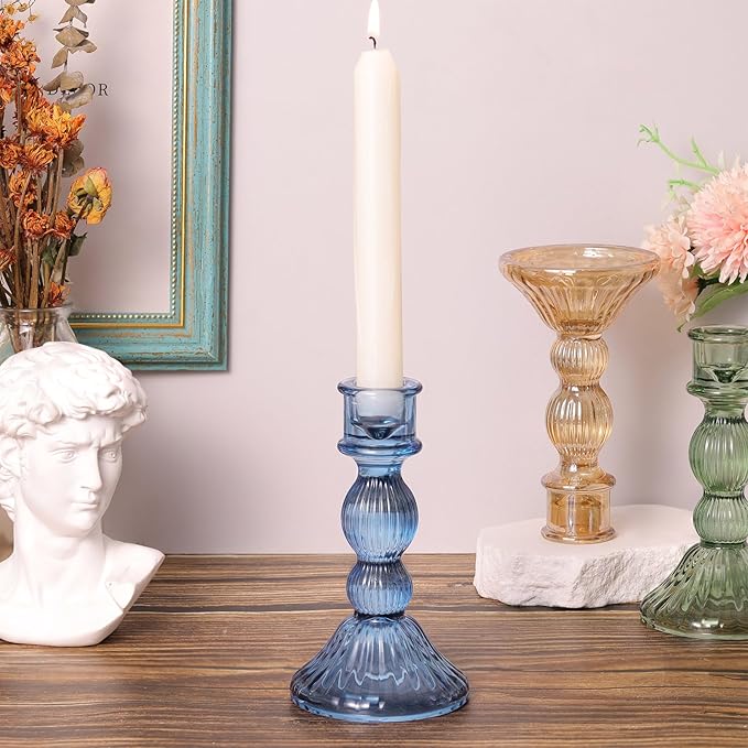 DARJEN 2 Pcs Blue Candlestick Holders - Vertical Stripe Glass Candle Holders for Taper and Votive Candles, Taper Candle Holder for Home, Wedding, Party, Dinner Table Decor