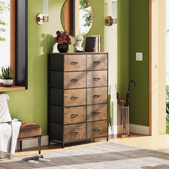 WLIVE Tall Dresser for Bedroom with 10 Fabric Drawers, Organizer Units for Closet, Storage Tower with Cabinet, Metal Frame, Rustic Brown Wood Grain Print Dressers