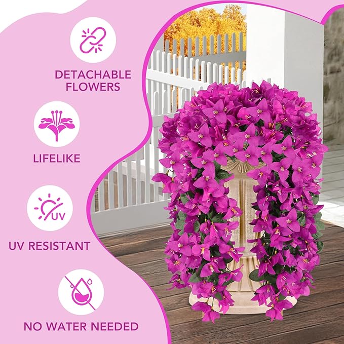 Artificial Bougainvillea Flowers for Outdoor Plant,2 pcs Faux Hanging Flowers Bougainvillea for Outside Decoration,Fake Silk UV Resistant Vines for Front Door Porch(Fuchsia)