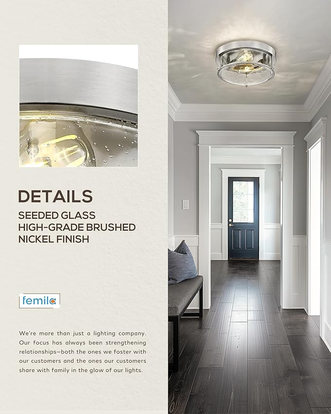 FEMILA Brushed Nickel Flush Mount Ceiling Light, 12" Bedroom Ceiling Light, Seeded Glass, E26 Base, 4FTJ22-F BN