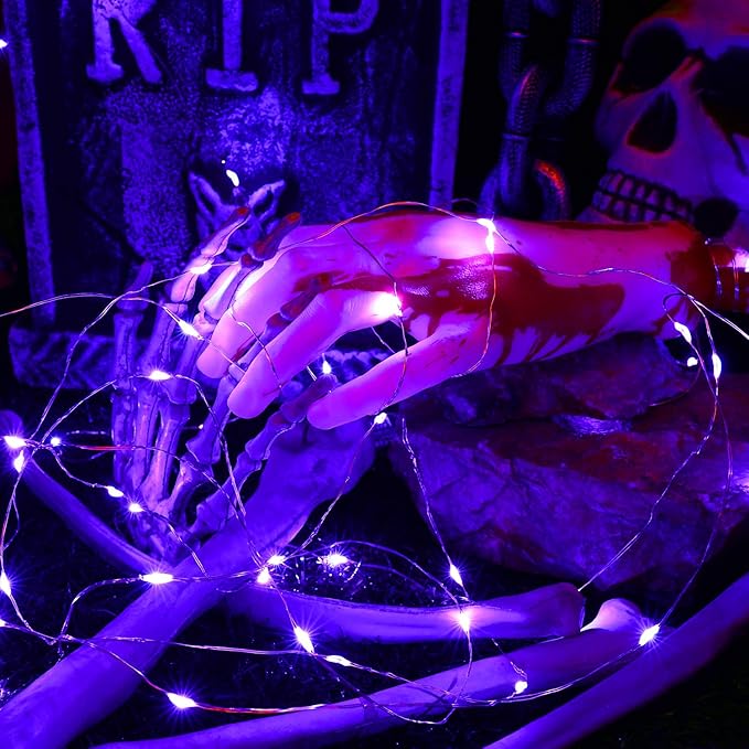 BrizLabs Purple Halloween Lights, 19.47ft 60 LED Purple Fairy Lights, 2 Modes Battery Halloween String Light, Indoor Silver Wire Battery Twinkle Light for Christmas Party Carnival Home Wedding Decor