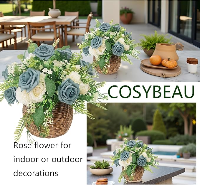 Artificial Rose Flowers 25pcs, Dusty Sea Blue Foam Fake Rose Faux Flower for Wedding Bouquets Bridal Shower Centerpieces Floral Arrangements Home Decorations Party Backdrops Table