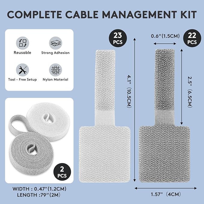 Adhesive Under Desk Cable Management Kit - 45 PCS Sticky Back Velcro Ties + 2 Rolls Extension Straps for No Drill Cord Organization, Home Office (Mixed Colors)