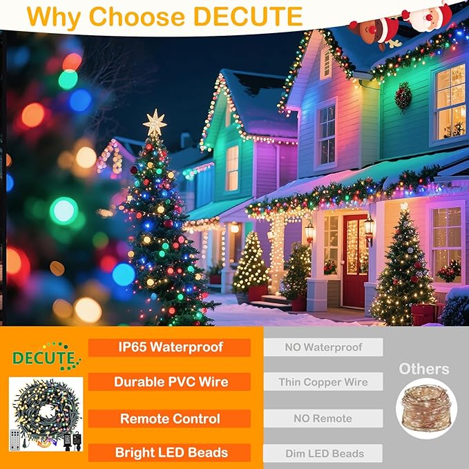 Decute 300LED Christmas Tree Lights Outdoor Indoor String Lights 108FT Extendable, 11 Modes 4 Colors Changing Waterproof Twinkle Fairy Lights Party Decor with Timer Remote(Warm White & 3 Multicolors)
