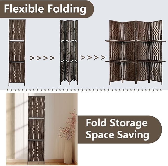 FDW Room Divider 4 Panel Wooden Screen Folding Portable Partition Screens Wood with Removable Storage Shelves Color, Dark Brown