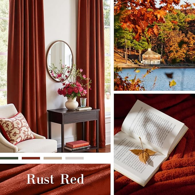 Lazzzy Velvet Blackout Curtains Thermal Insulated Room Window Drapes Super Soft Luxury Curtains for Living Room Bedroom Rod Pocket 2 Panels, Rust Red, 52" W x 72" L