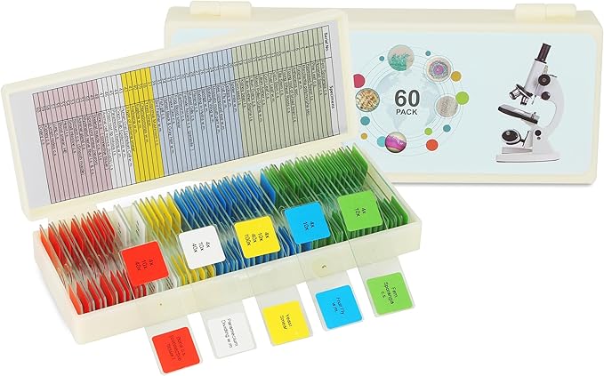 Microscope Slides with Specimens for Kids, 60 Lab-Grade Prepared Microscope Slides, Animal/Plant/Microbe/Tissue Samples, STEM Biology Kit for Homeschool, Classroom Labs & Science Education