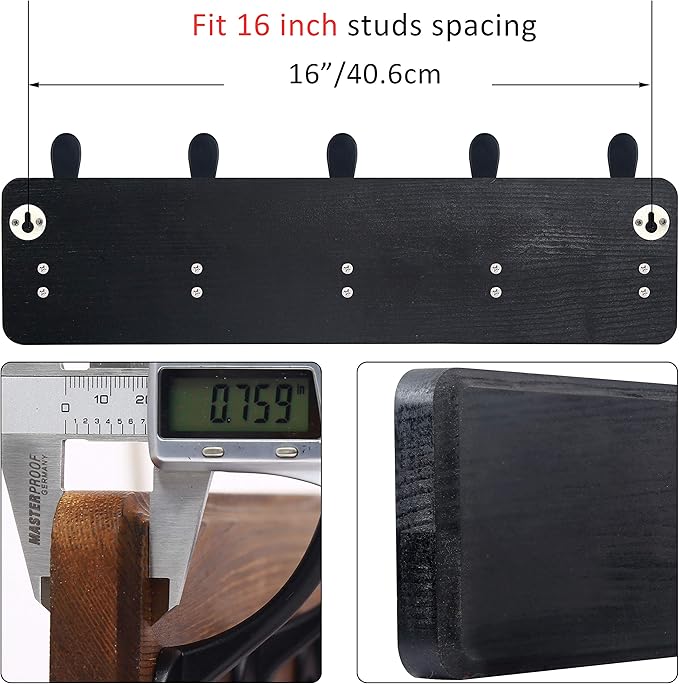 WEBI Rustic Coat Rack Wall Mount,Wood Coat Hooks Wall Mounted Coat Hanger,16" Hole to Hole,Hook Rack Rail,5 Triple Hooks for Hanging Coats,Hats,Jacket,Clothes,Entryway,Black,2 Packs
