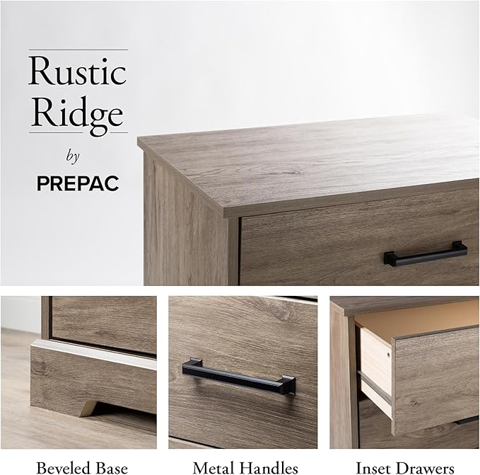 Prepac Rustic Ridge Farmhouse Nightstand Bedside Table, Brown Nightstand for Bedroom, End Table with 3 Drawers 16.25"D x 27.5"W x 26.75"H