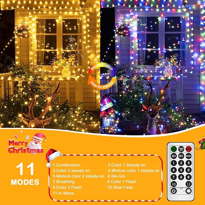 Decute 300LED Christmas Tree Lights Fairy String Light 99FT Green Copper Wire Warm White and Multicolor Dimmable with Remote, UL Cerficated Twinkle Lights for Party Wedding Indoor Outdoor Decor