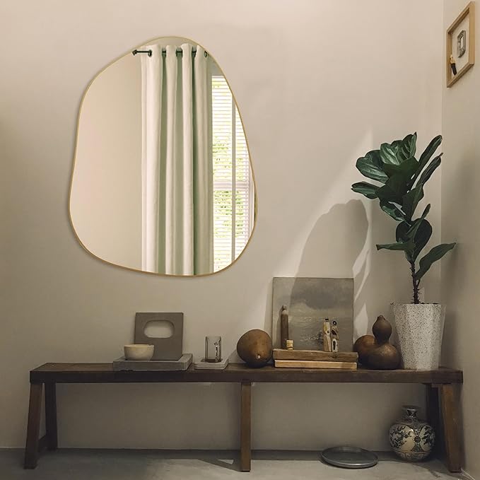 PERFNIQUE Irregular Wall Mirror Asymmetrical Mirror, 32''x24'' Gold Mirror for Bathroom Bedroom Living Room Entryway, Decorative Modern Boho Decor, Wall Mouted(Gold, 32''x24'')