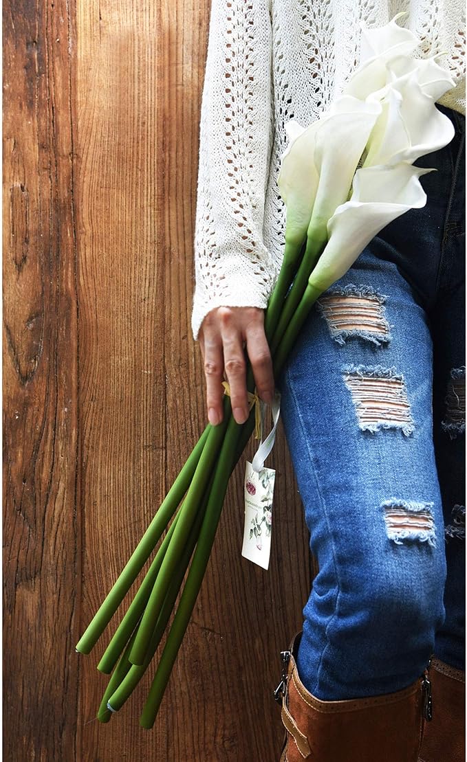 FiveSeasonStuff Real Touch Calla Lily Artificial Flowers, Wedding Bridal Floral Arrangements (25'' 6 Long Stems, Spring White)