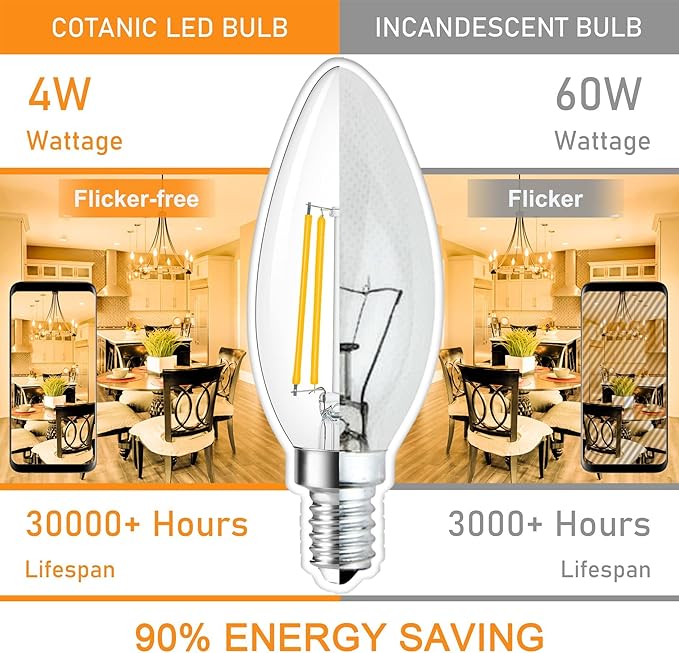 Cotanic E12 Base 3000K LED Light Bulbs Dimmable, Soft White Candelabra LED Bulbs 60W Equivalent, Candle Shape Type B Light Bulbs for Chandelier, Decorative LED Filament Clear Glass, 600LM, 6 Pack