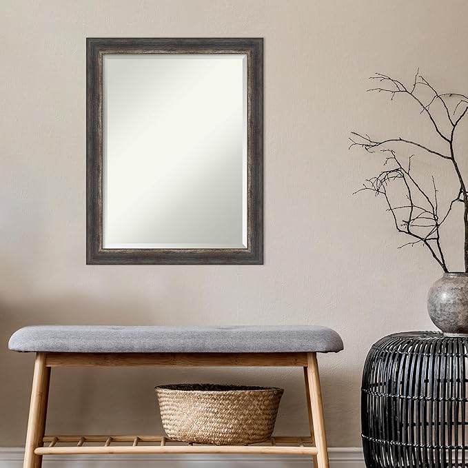 Amanti Art Brown Bathroom Mirror for Over Sink, 27x21 Bark Rustic Char Narrow Rectangle Vanity Mirror, Medium Country Rustic Frame, Hangs Horizonally and Vertically, Bathroom Wall Decor, Beveled Edge