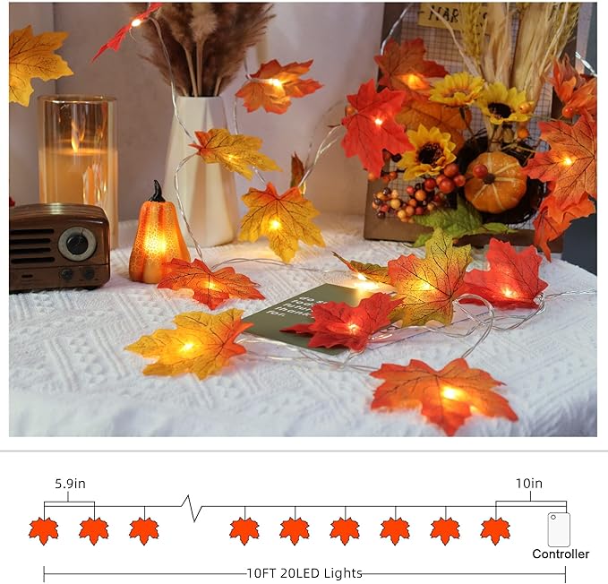 Fall Decor Multicolored Maple Leaf Lights, 10Ft 20LED Lights Battery Operated Fall Leaves Garland with Light Door Light String Home Decor Indoor Outdoor Halloween Thanksgiving Decorations
