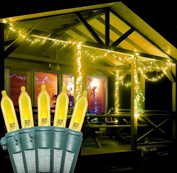 Holiday Essence - Yellow LED Christmas String Lights, 100 Mini Light Set Green Wire 26.9 Ft for Halloween Autumn, Holiday Lighting Decoration, Indoor & Outdoor, Christmas Tree Décor, UL Certified