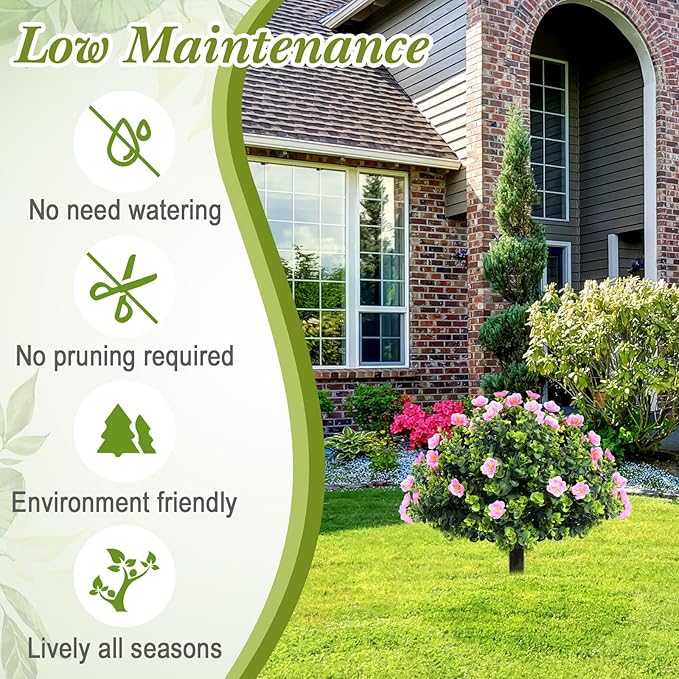 XunYee 4 Pcs 20" Artificial Topiary Ball Trees, Outdoor Artificial Shrubs Faux Bushes UV Resistance Greenery Fake Plants Tree with Ground Spike for Garden Porch Patio Indoor Decoration (Pink Flower)