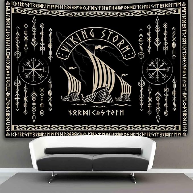 OSUNBD Viking Warship Tapestry Wall Hanging - Large 100x90 inches Storm & Celtic Runes on Soft Flannel Aesthetic Mythology Tapestries Norse Mythology Art for Bedroom, Living Room Decor