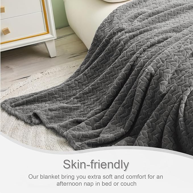 Exclusivo Mezcla Fleece Twin Size Blanket for Bed, 90x66 Inches Soft Cozy Jacquard Flannel Blankets, Lightweight Fuzzy Plush Warm for Winter, Dark Grey