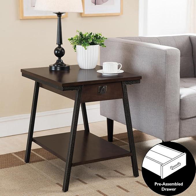 Leick Home 11407 Empiria One Drawer Side Table, Walnut and Foundry Bronze