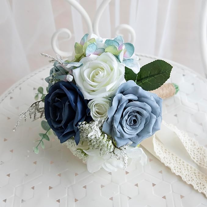 Wedding Bouquets for Bride Bridesmaid, Artificial Dusty Blue Bride Flower Bouquet for Wedding Church Decoration Ceremony, Anniversary, etc, Roses Flowers