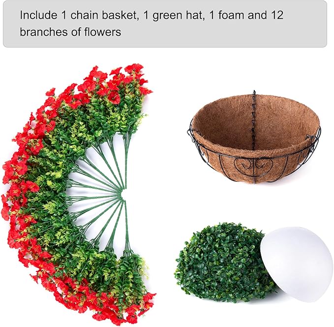 Artificial Fake Hanging Flowers Plants Baskets for Outdoor Decoration, Faux Silk Red Morning Glory in Planter Look Real UV Resistant Artificial Flower for Outside Porch Patio Garden Yard Home Decor