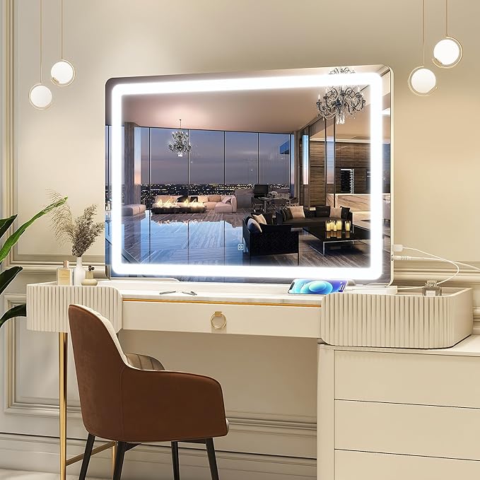 FENNIO Vanity Mirror with Lights 32"x22", Lighted Makeup Mirror, Large Vanity Mirror with Lights, Touch Sensor with 3-Color Lighting, USB Charging Port for Vanity Desk Tabletop