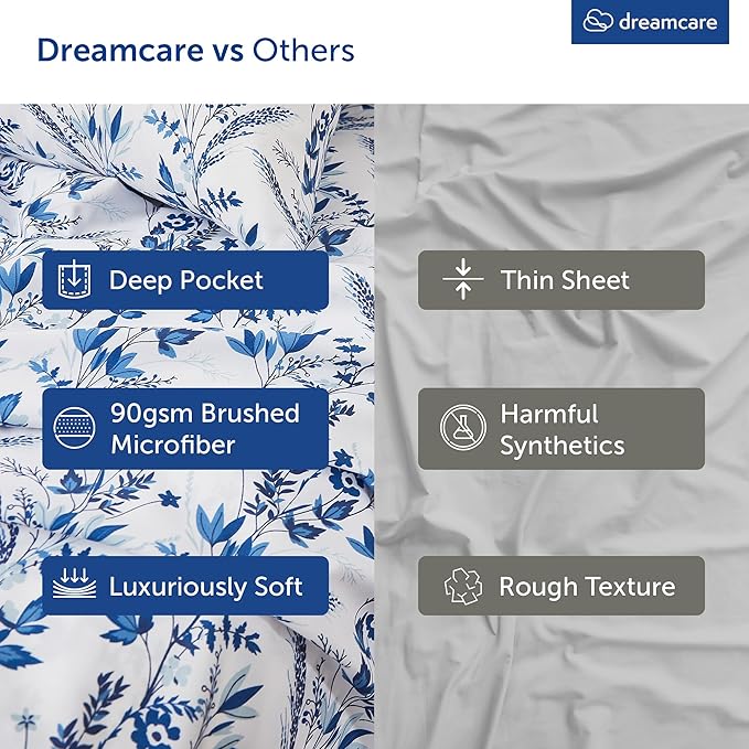 DREAMCARE Full Size Bed Sheets - Luxurious Floral Full Sheet Set - 4 Pc Ultra Soft Breathable Wrinkle Free Brushed Microfiber Floral Blue
