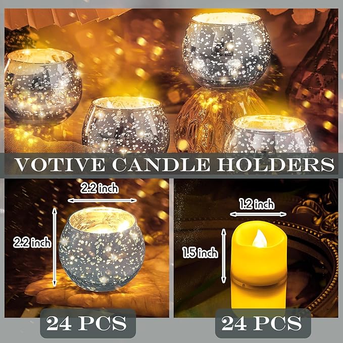 Rtteri 24 Set Votive Candle Holders Wedding Centerpiece Table Decorations Speckled Mercury Glass Votive Candle Holders with Tea Lights Birthday Party Decorations for Home (Silver)