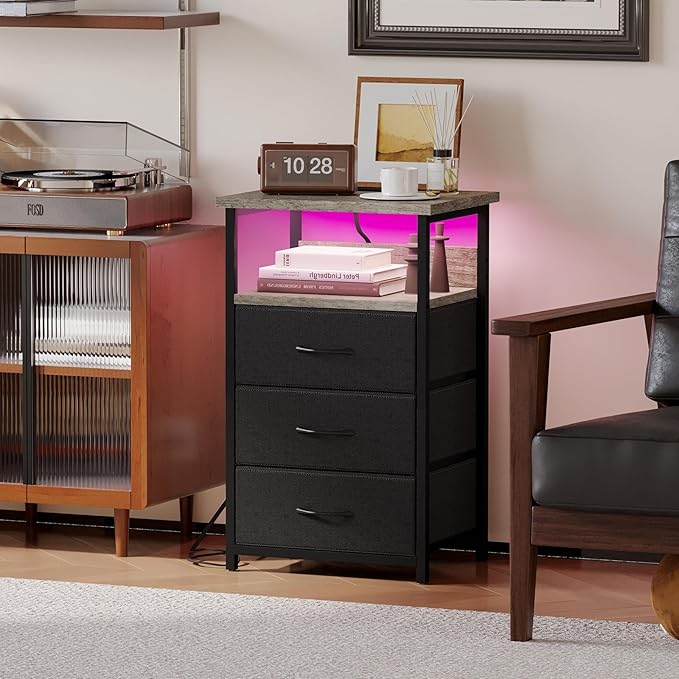 Fixwal Night Stand with Charging Station, LED Nightstand with Fabric Drawers, End Table with PU Finish, Bed Side Table, French Oak
