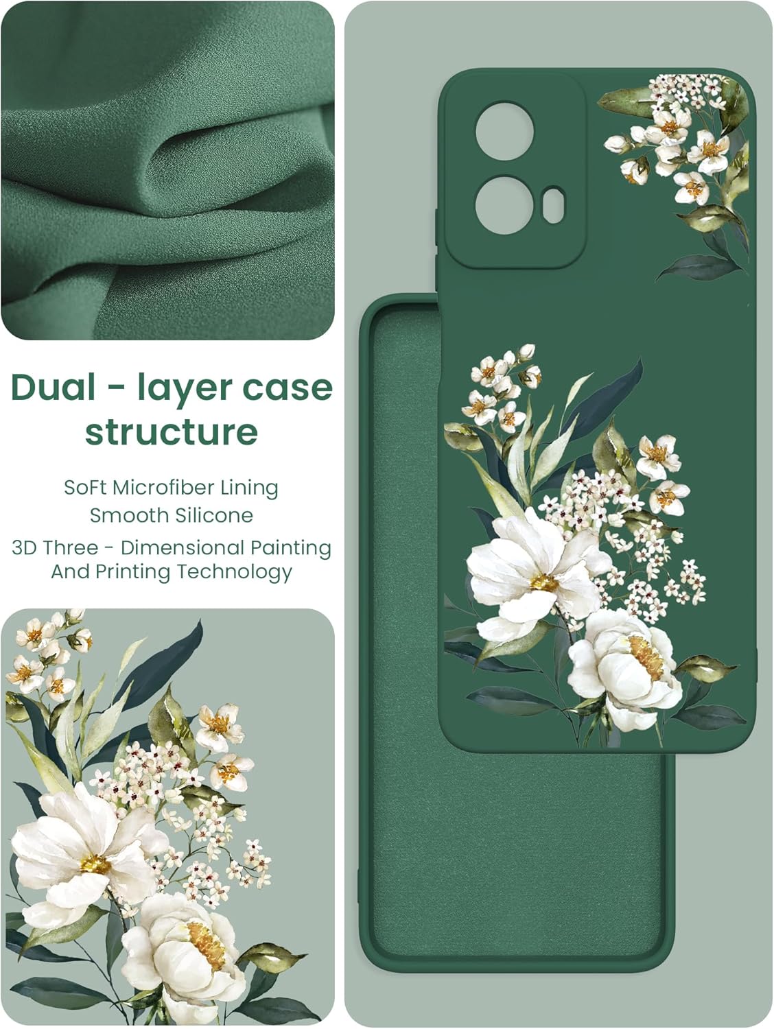 Motorola Moto G 5G 2024 Case, Girls Women Floral Liquid Silicone, Shockproof Soft Protection with 2X Screen Protectors