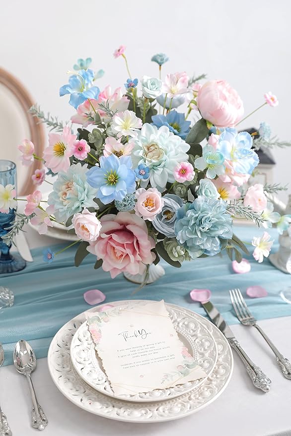 Artificial Flowers Combo Box Set Silk Flowers Fake Rose for DIY Floral Arrangements Wedding Bouquets Centerpieces Baby Shower Party Home Decorations (Blue Pink)