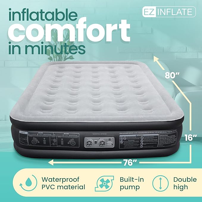 EZ INFLATE Air Mattress with Built in Pump - King Size Double-High Inflatable Mattress with Flocked Top - Easy Inflate, Waterproof, Portable Blow Up Bed for Camping & Travel