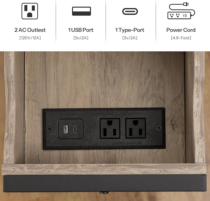 HOOBRO Side Table, Flip End Table with Charging Station and Shelves, USB Ports & Power Outlets, Narrow Nightstand for Small Spaces, Living Room, Stable and Sturdy, Greige and Black BG341BZ01