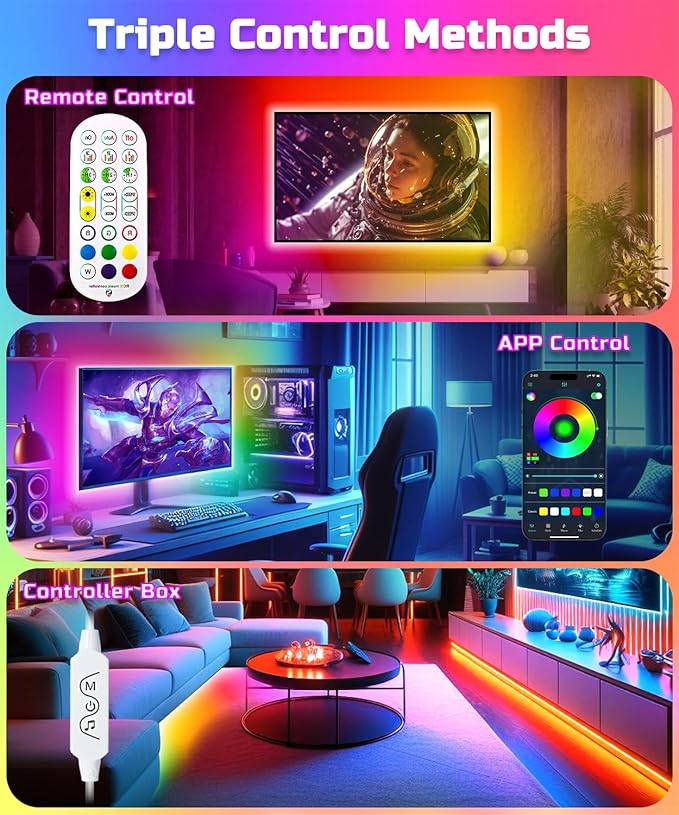 Daymeet LED Lights for TV, 23ft TV LED Lights for 75-100 inch,RGBICW TV Backlight Behind,USB Led Light Strip for Color Changing Music Sync Bluetooth APP Control for Bedroom