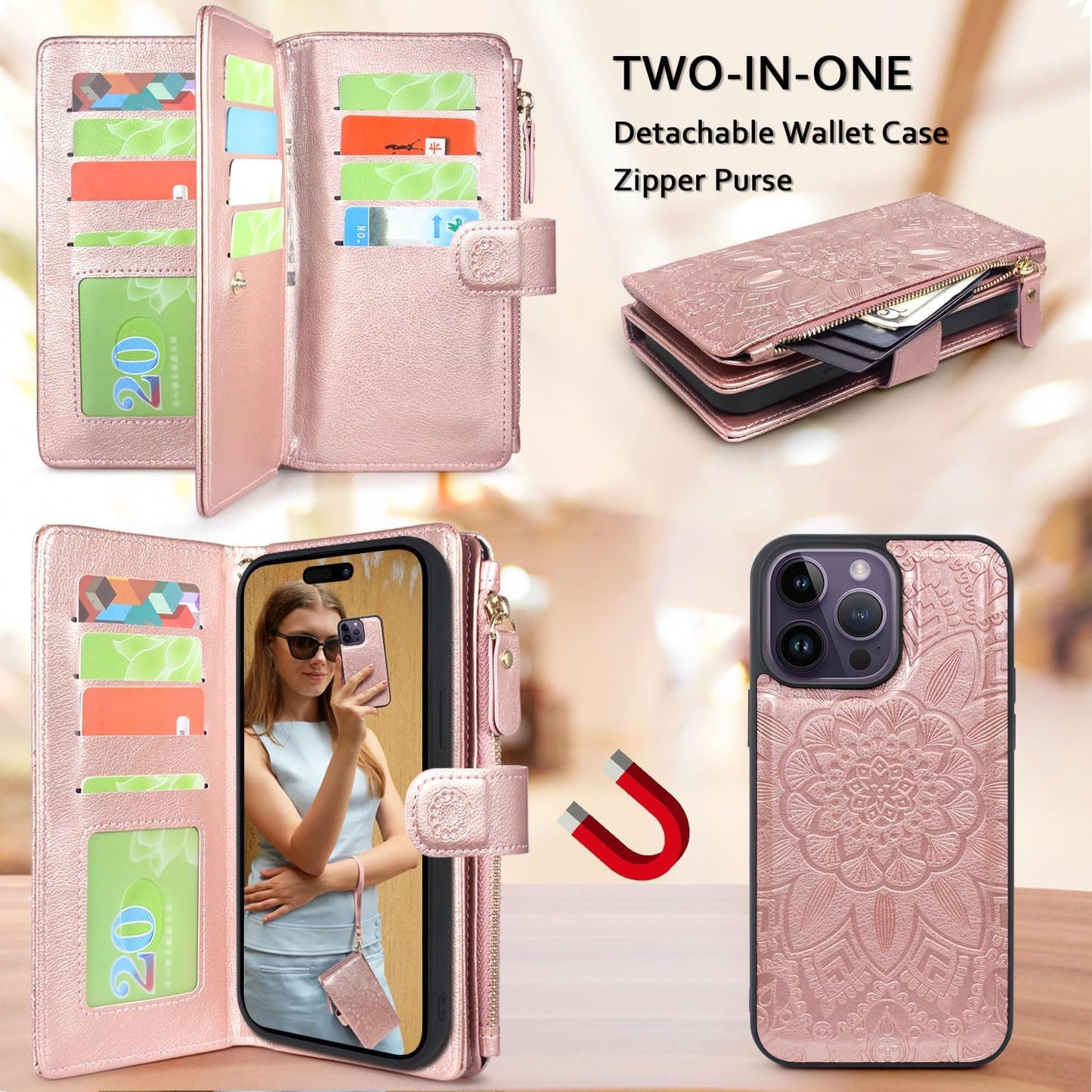 Harryshell Wallet Case for iPhone 13 Pro Max 6.7 inch 5G 2021, Detachable Magnetic Cover, Floral Flower, Rose Gold