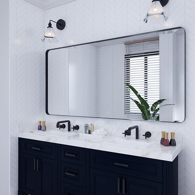 VocalStar Black Metal Framed Bathroom Mirror for Wall, 72 x 36 Inch Large Rounded Rectangle Matte Black Bathroom Vanity Mirror Farmhouse, 1/4-inch Shatterproof Glass | Ultra-Flush Hanging