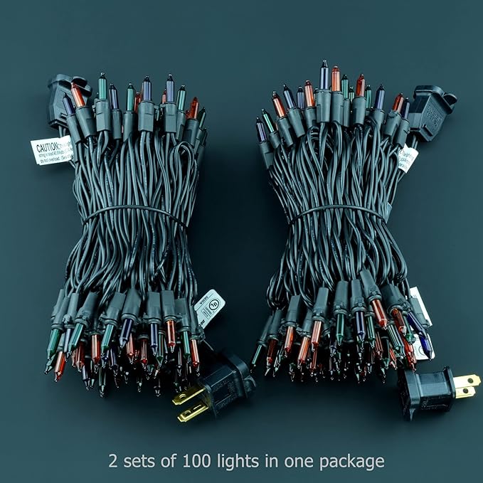 YULETIME 200 Orange Green & Purple Halloween Lights with Black Wire, Pack of 2 Sets 33 ft 100 Count UL Certified Christmas String Lights (Orange, Green & Purple)