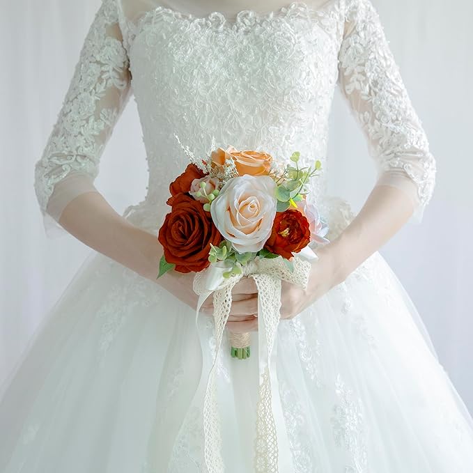 Wedding Bouquets for Bride Bridesmaid, Artificial Burnt Orange Bride Flower Bouquet for Wedding Church Decoration Ceremony, Anniversary, etc, Roses Flowers