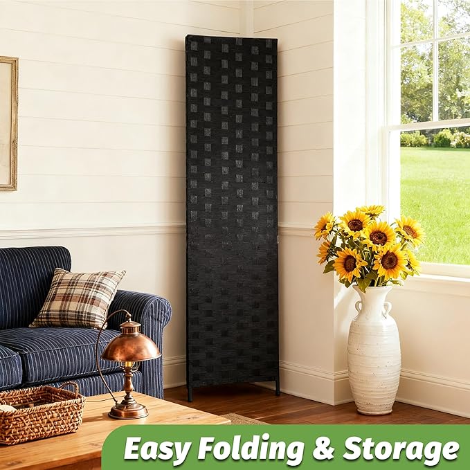 FDW Room Divider Wood Screen 4 Panel Folding Portable Partition Screens Wooden Mesh Woven Design Room Screen Divider for Home Office (Coal Black)