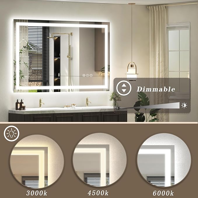 44x36 LED Lighted Mirror for Bathroom Wall Mounted, Dimmable Vanity Mirror with Lights, Anti-Fog, ETL Listed (Backlit and Front Lighted)