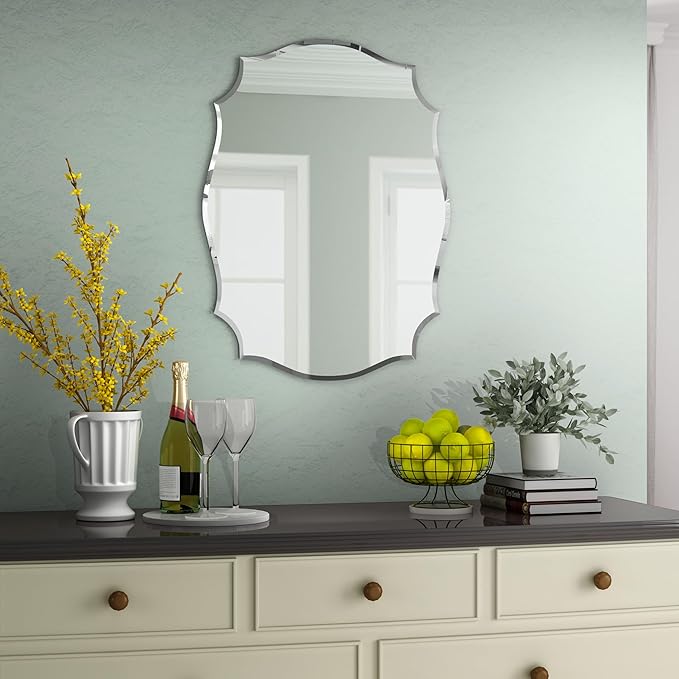 KOHROS Scalloped Bathroom Mirrors for Over Sink 18" x 24" Silver Frameless Beveled Edge Wall Mirror for Bathroom Vanity Entryway