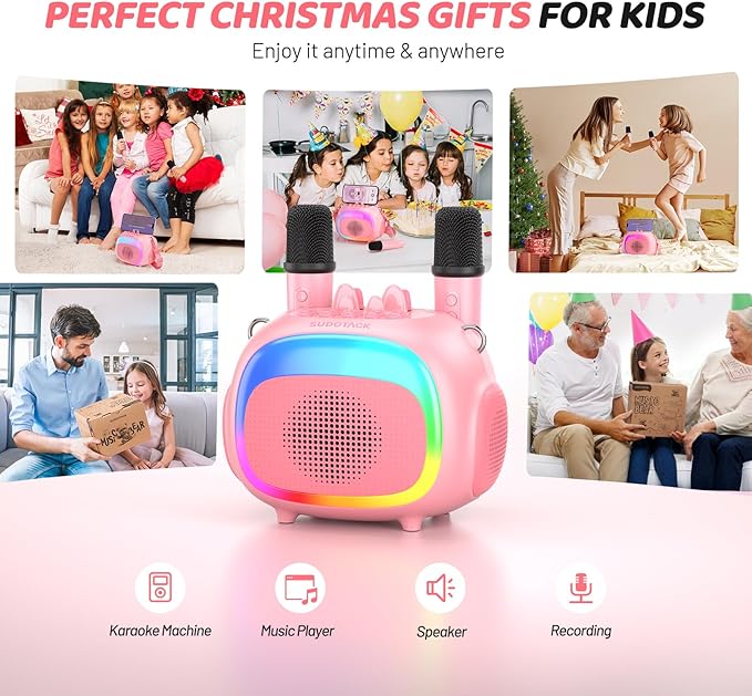 SUDOTACK Mini Karaoke Machine for Kids, Portable Bluetooth Karaoke Speaker with 2 Wilreless Microphones with LED Lights, Christmas Kids Toys Gifts for Girls 4, 5, 6, 7, 8, 9, 10 +Year Old-Pink(KM100)